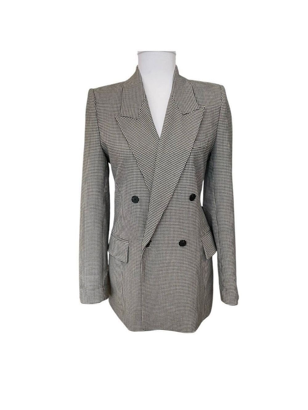 ZARA Double Breasted Blazer Jacket Size S Black White Houndstooth Check Longline